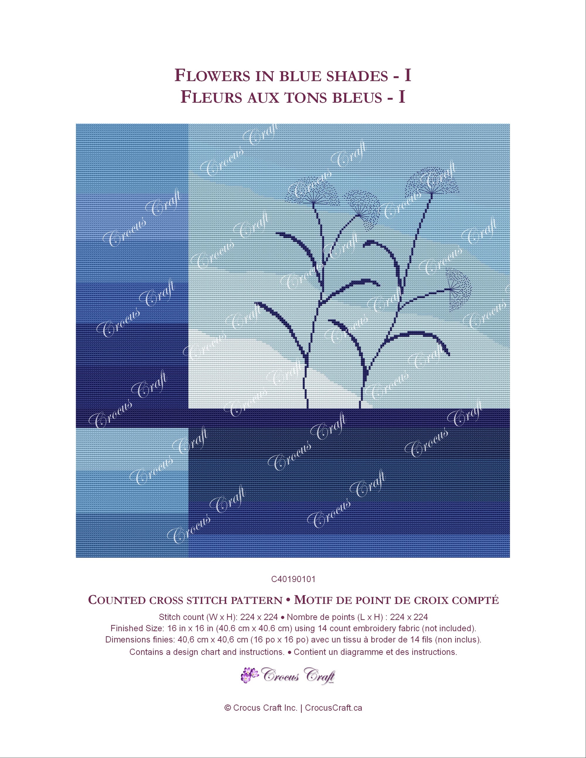 FLOWERS IN BLUE SHADES I - Cross Stitch Pattern