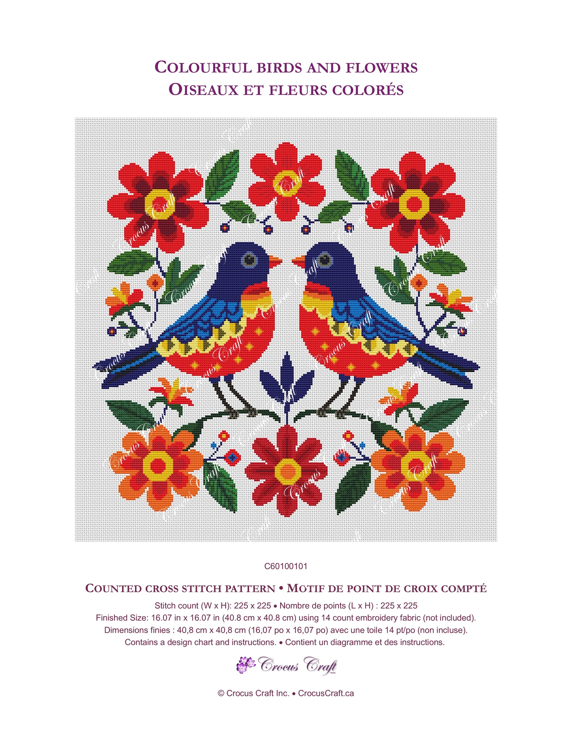 COLOURFUL BIRDS AND FLOWERS - Cross Stitch Pattern - CROCUS CRAFT INC.